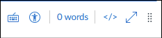 Canvas text editor toolbar showing word count, accessibility checker, HTML editor button, and full screen toggle.
