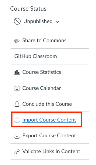 menu options under course settings