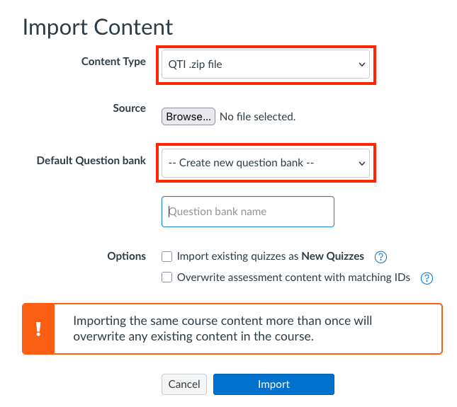 import page showing all options