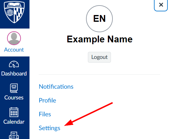 Canvas user user menu showing Settings option