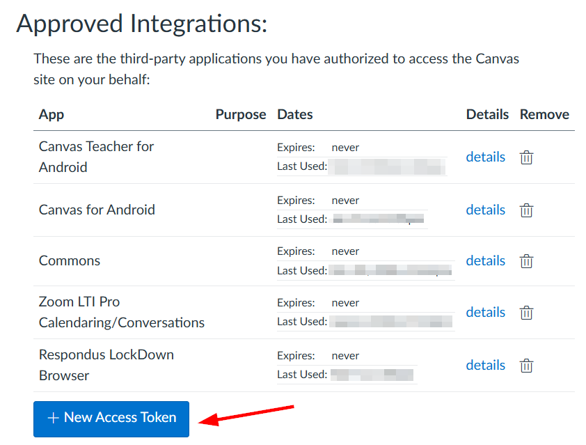 List of Approved Integrations with New Access Token Button