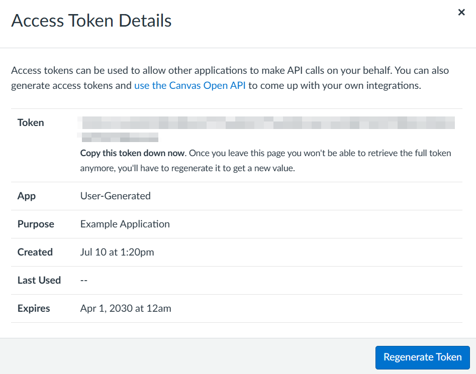 Modal for the new integration showing the generated token