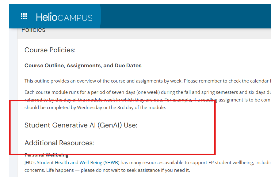 HelioCampus syllabus editor showing Student Generative AI section under the Course Policies.