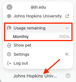ChatGPT profile menu showing Usage remaining expanded and the percentage remaining for the monthly limit.