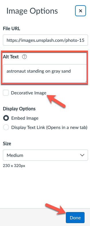 Provide alt text in Canvas Rich Content Editor
