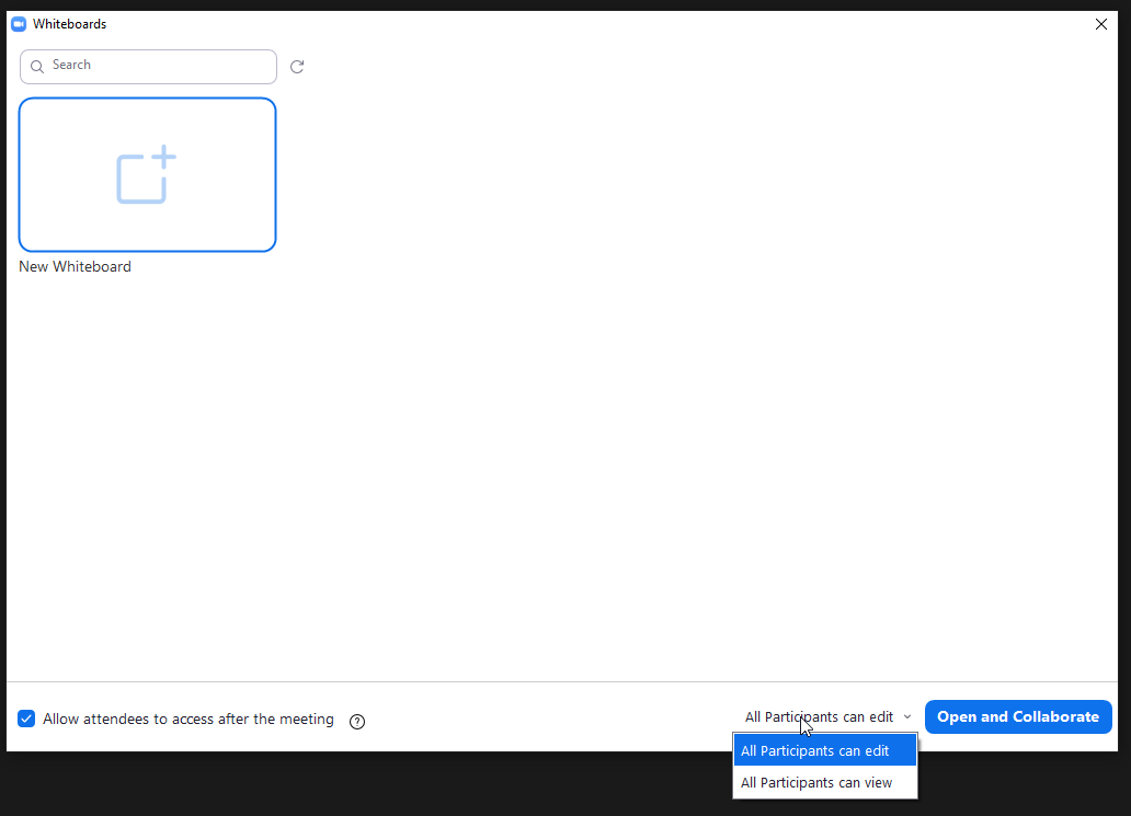 settings page for sharing whiteboard